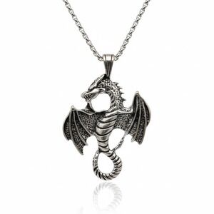 Dragon Pendant Necklace Silver Tone Fantasy Jewelry Gothic‎ Style Chain